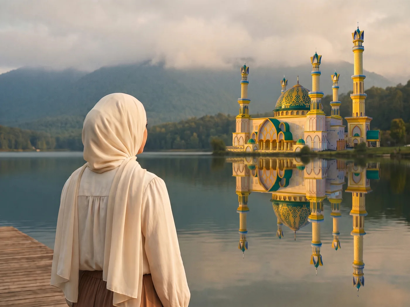 Perempuan berhijab krem memandang masjid di seberang danau